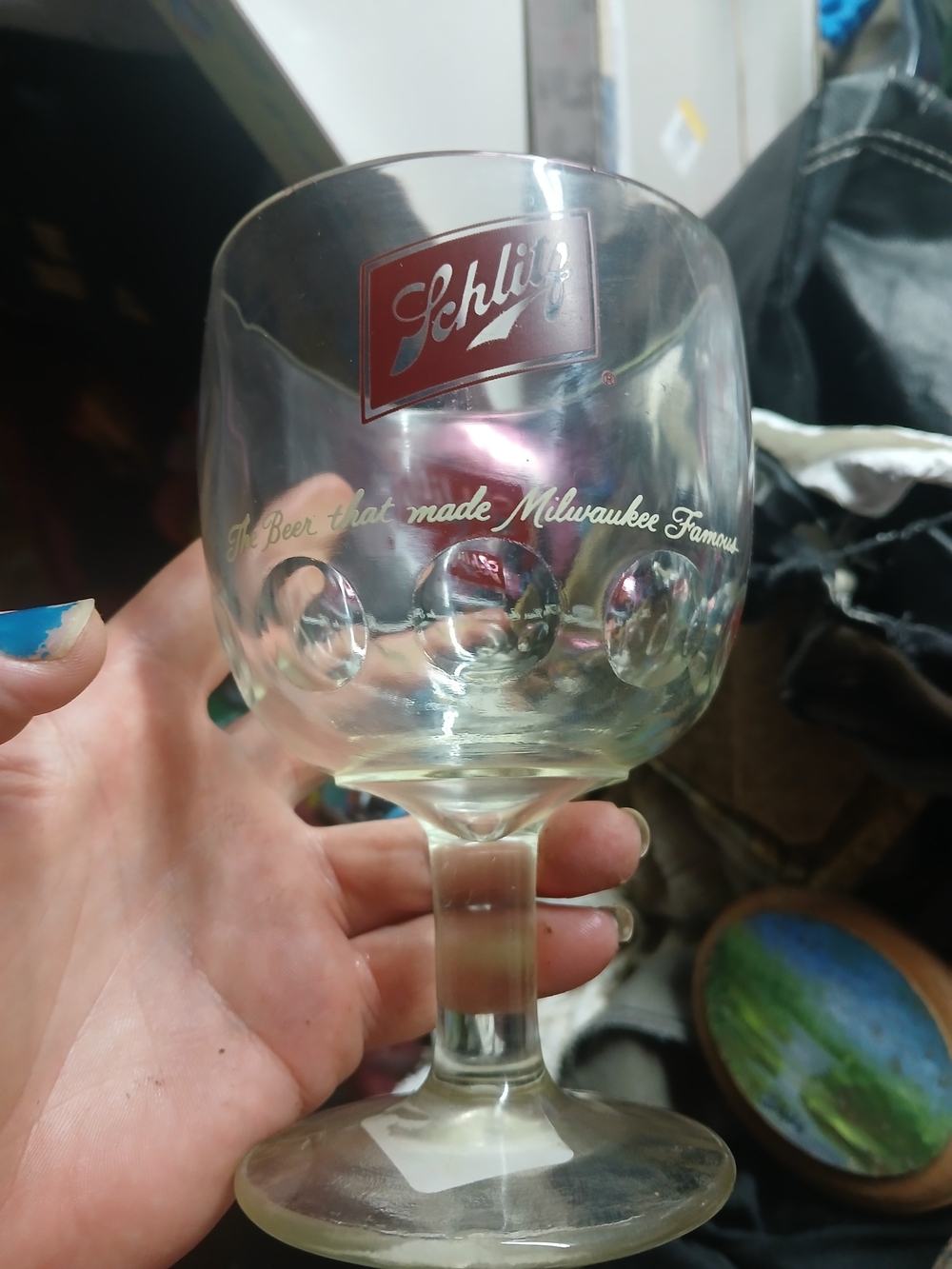 Vintage Schlitz Beer Glass 16 oz. Stemmed Thumbprint Goblet 1960 - 1970